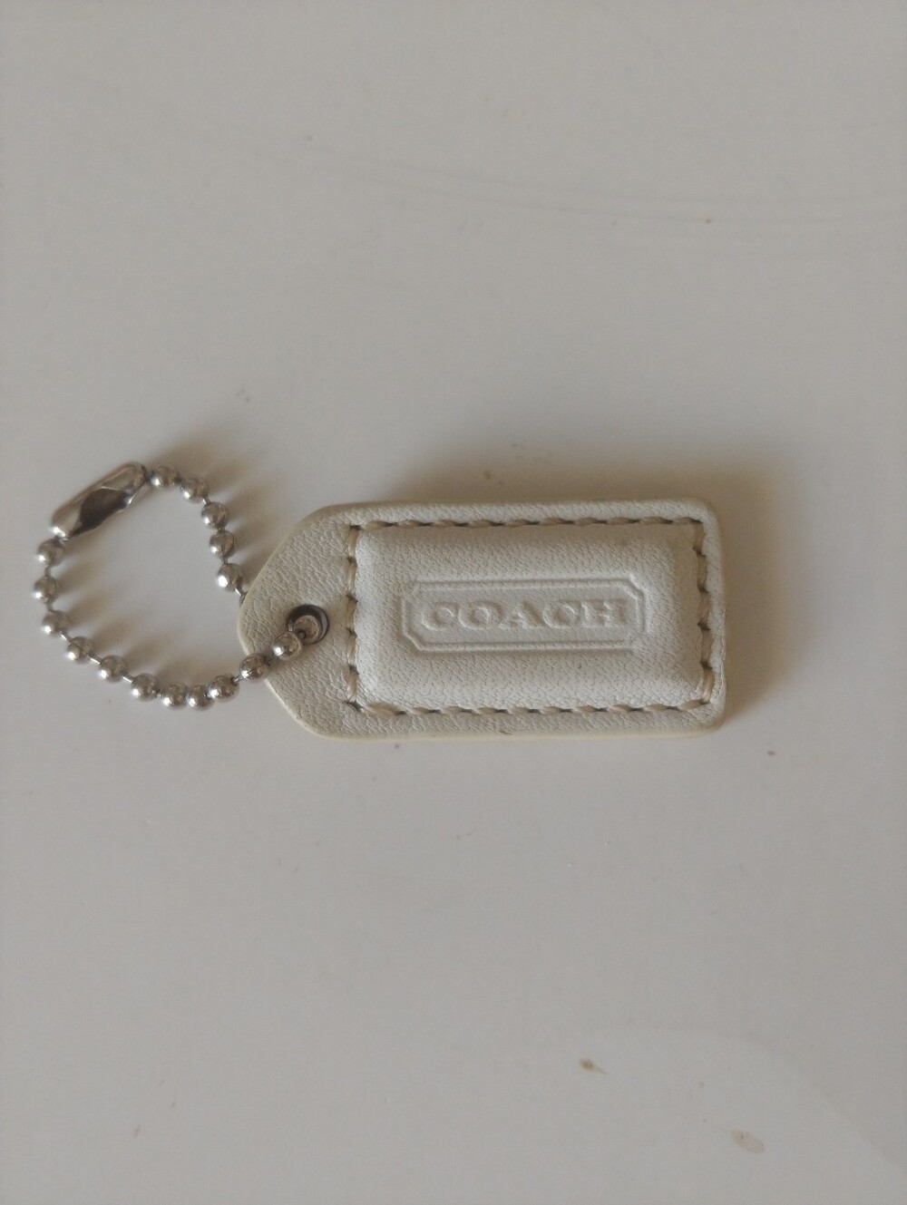 Coach White Leather Embossed Key Tag with Ball Chain